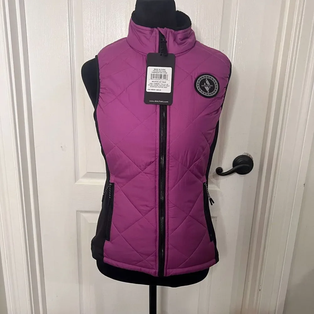 Skechers‎ Everyday Puffer Vest Womens XS Purple Black Quilted Sherpa W3JA243 NEW